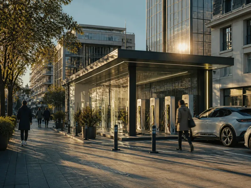 Vue générale d’un kiosque de recharge dans un quartier moderne