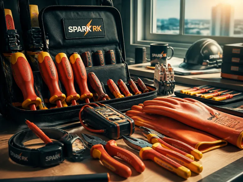 Équipement électrique posé sur plan de travail propre, outils Spark RK