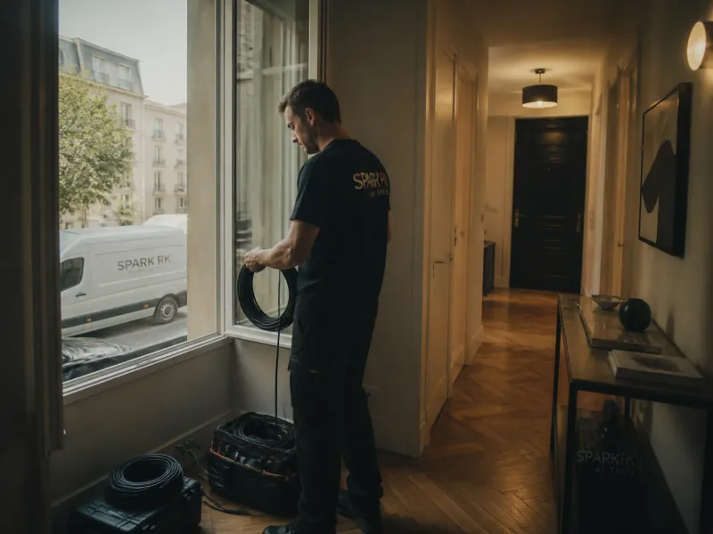 Couloir d'appartement éclairé doucement, camion Spark RK à l'extérieur, matériel rangé