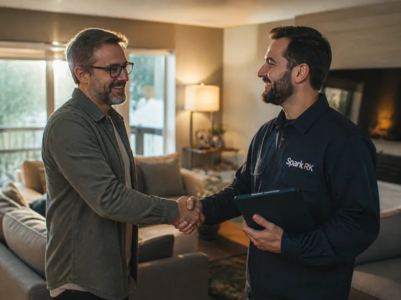 Client satisfait serrant la main d'un technicien après une intervention réussie