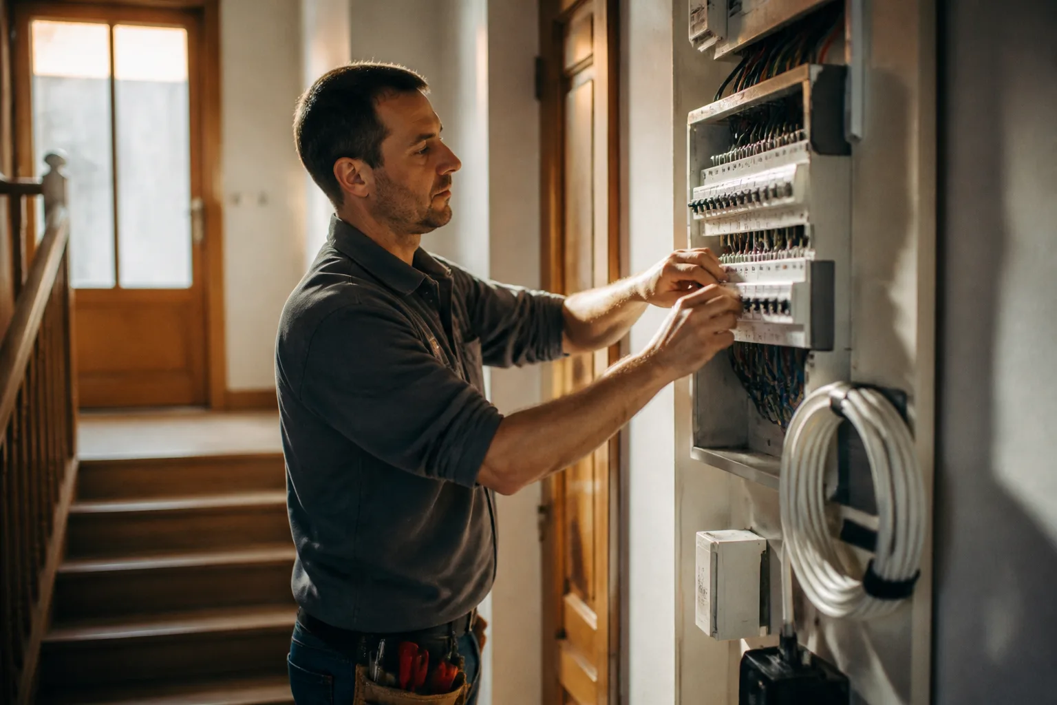 Technicien électrique dans un couloir