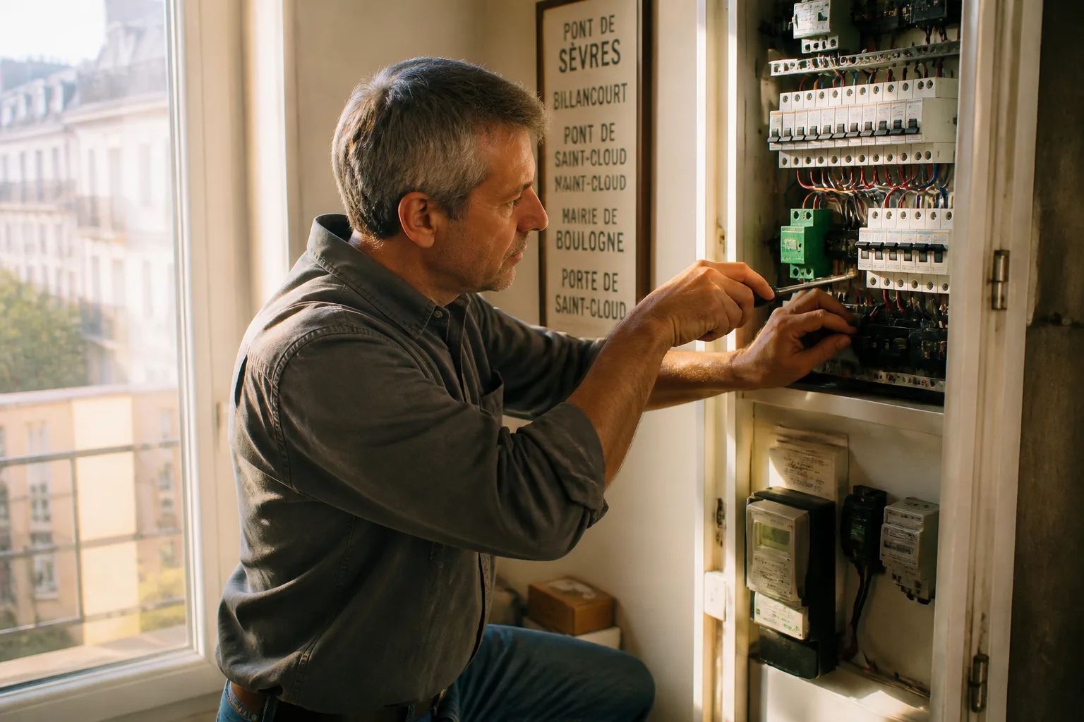 Électricien travaillant sur un tableau électrique dans un appartement parisien