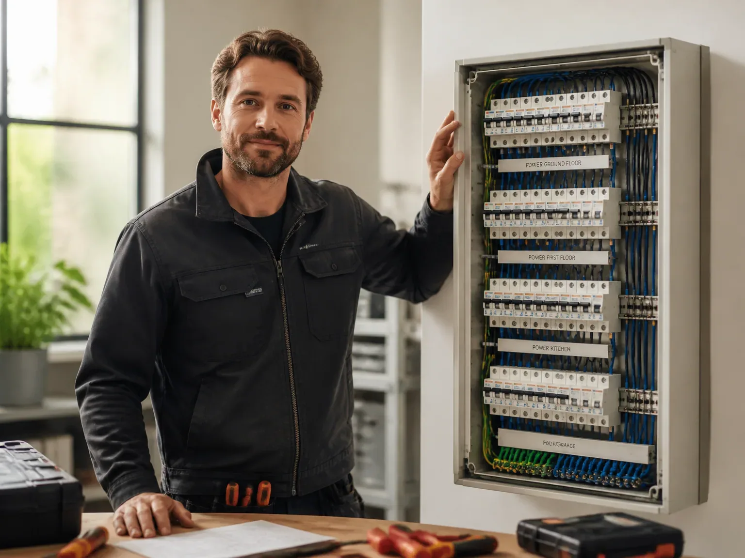 Électricien professionnel présentant une armoire électrique rangée et câblage organisé