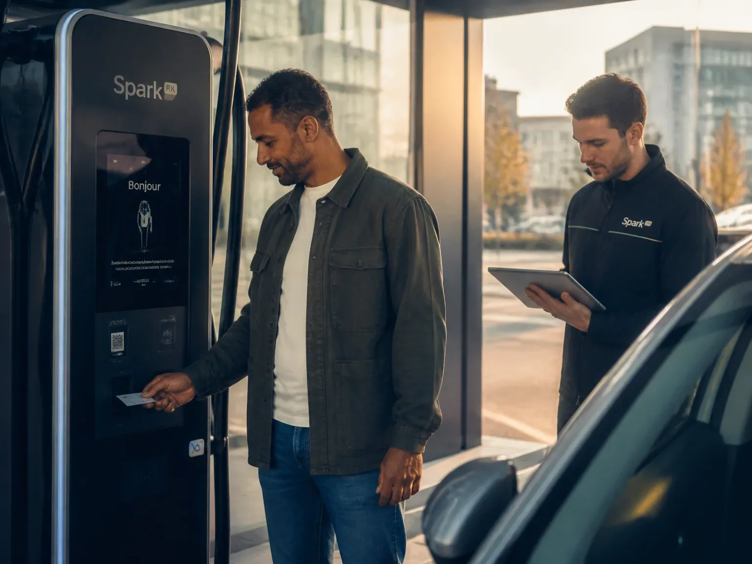 Pour véhicule électrique, client et technicien près d'une borne Spark RK dans un espace moderne