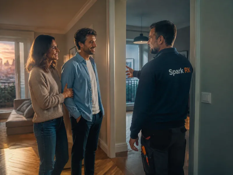 Couple de propriétaires souriants devant la rénovation terminée