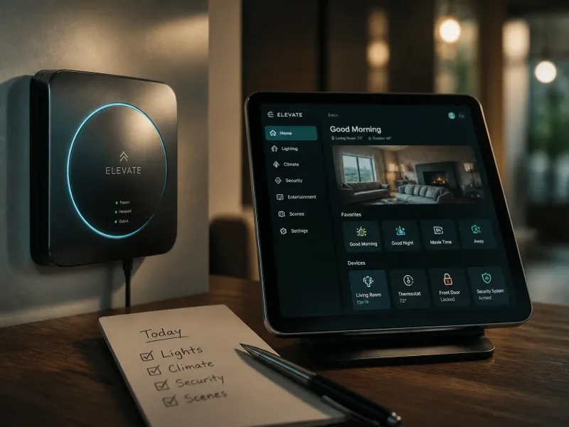 Packshot d’un hub domotique et tableau de bord numérique