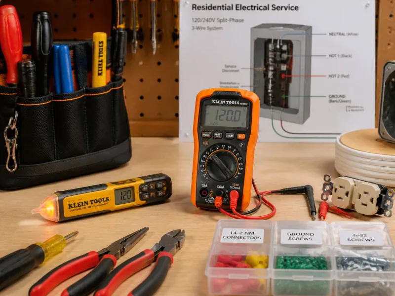 Équipement professionnel d’électricien sur établi, outils propres et diagramme lumineux
