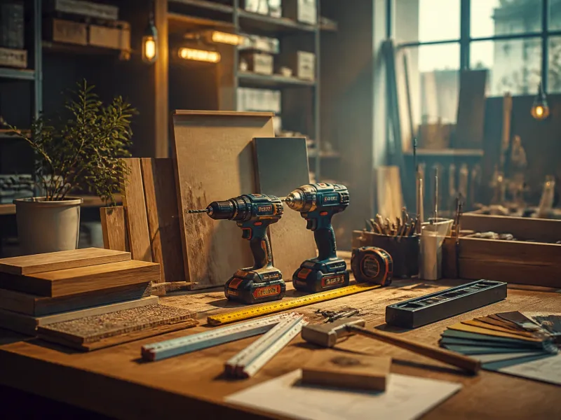 Matériel et outils de rénovation alignés proprement dans l'atelier