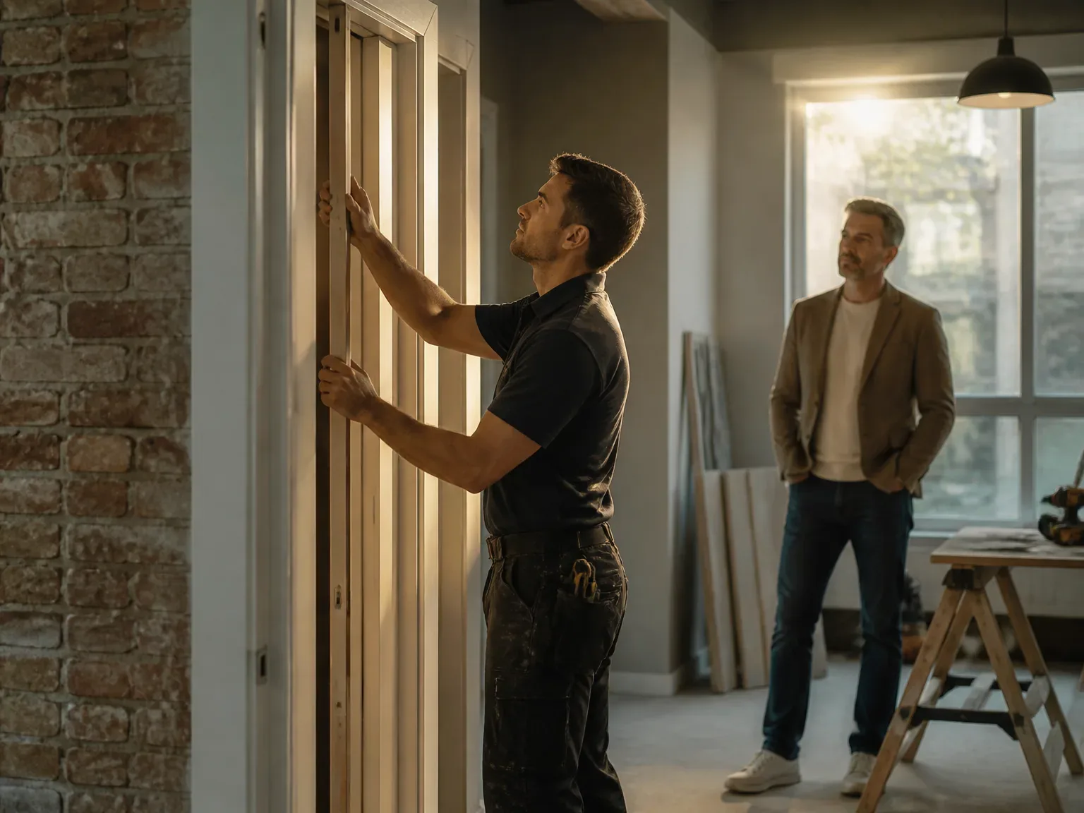 Rénovation complète: artisan posédeur en action, client attentif dans un espace lumineux