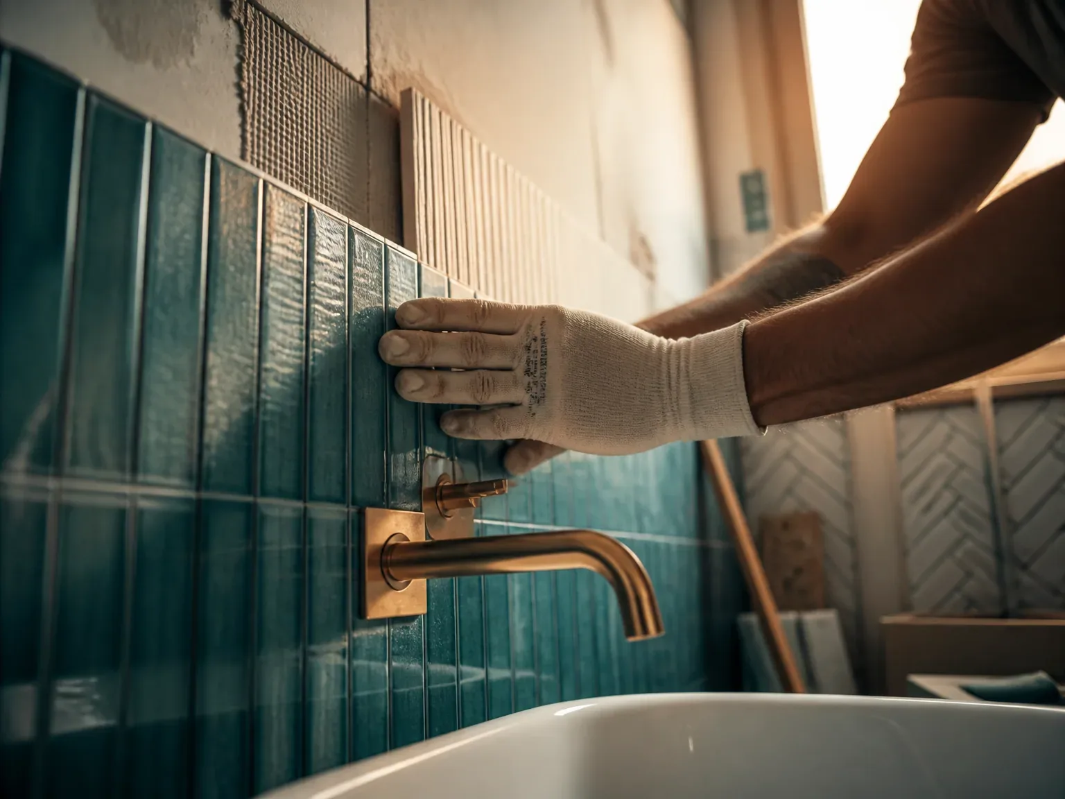 Détail d'installation de salle de bains avec carrelage et robinet moderne