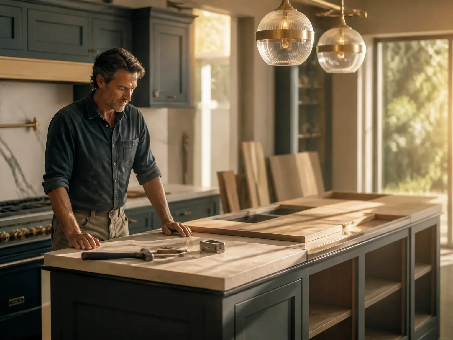 Atelier de rénovation de cuisine avec artisan vérifiant l'îlot, lumière naturelle et textures matériaux.