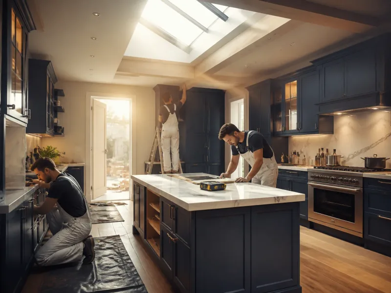 Cuisine en rénovation en cours, lumière chaleureuse et atelier propre