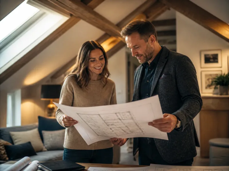 Client et expert en discussion autour d’un plan dans le nouvel espace rénové