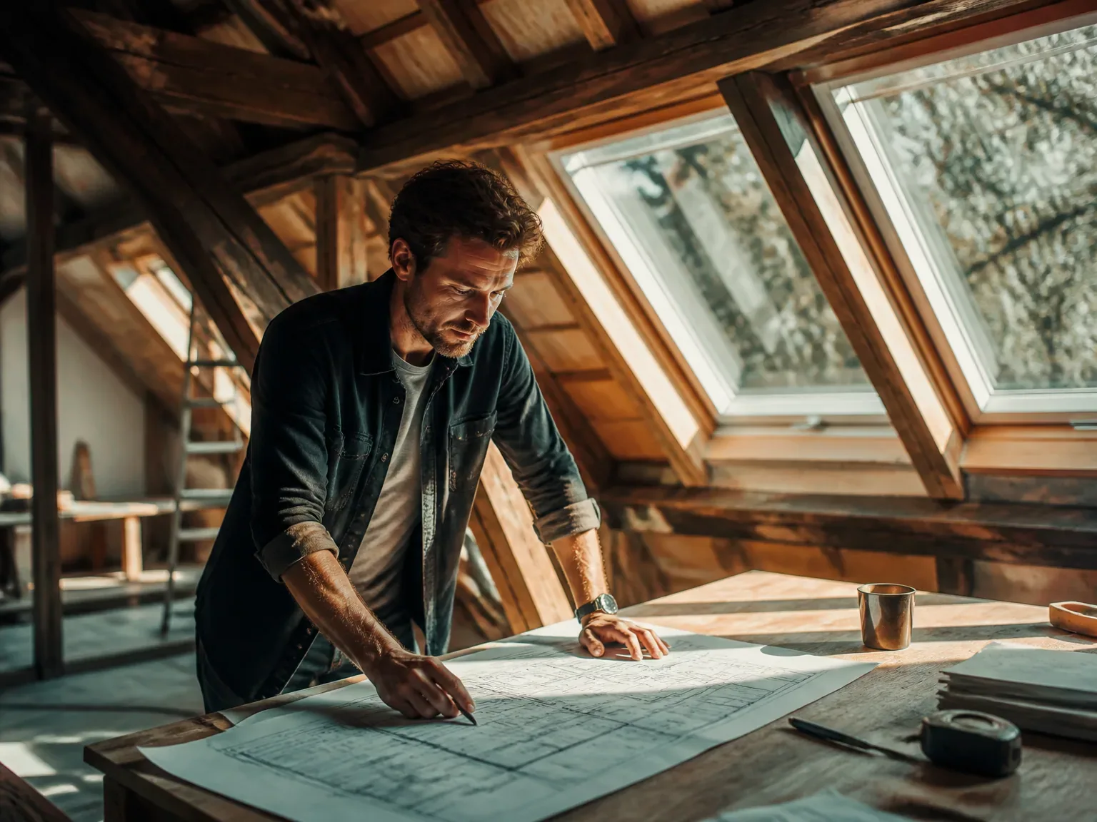 Rénovation de combles : artisan étudiant les plans dans un grenier lumineux