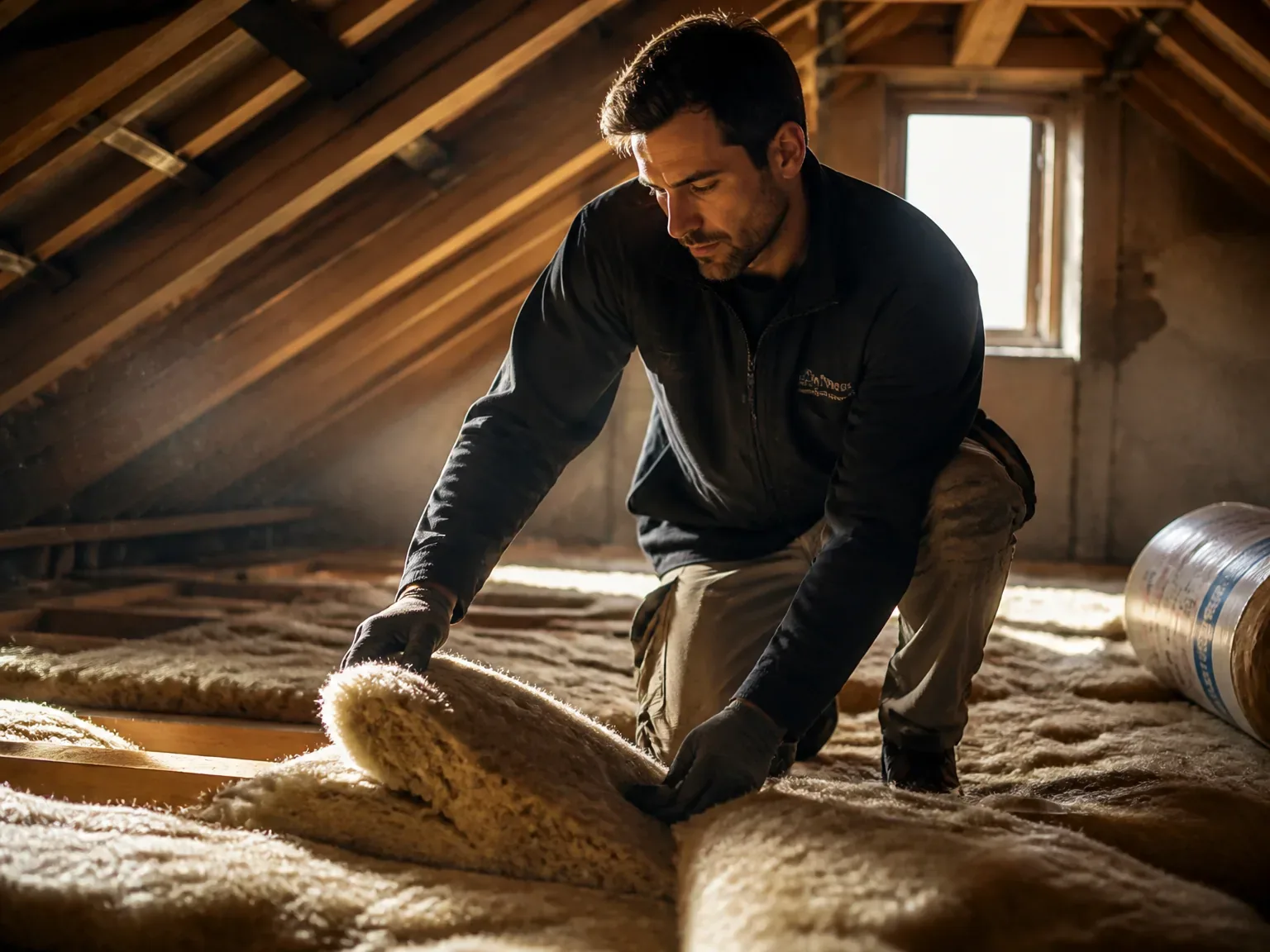 Agent technique inspectant isolation dans une toiture, Barise Grand Est