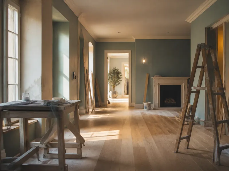 Intérieur en rénovation avec plâtrage, peinture et sol en bois, ambiance lumineuse