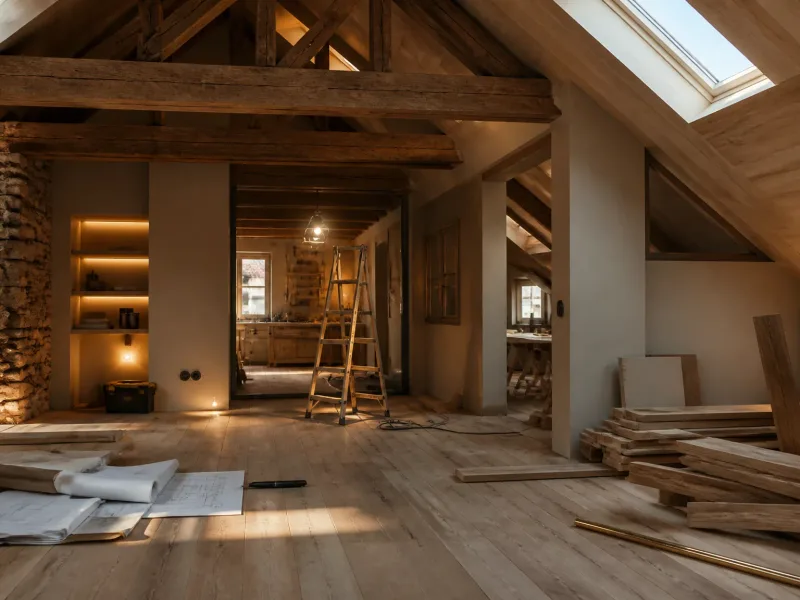 Espace combles en cours de transformation, ambiance maîtrisée