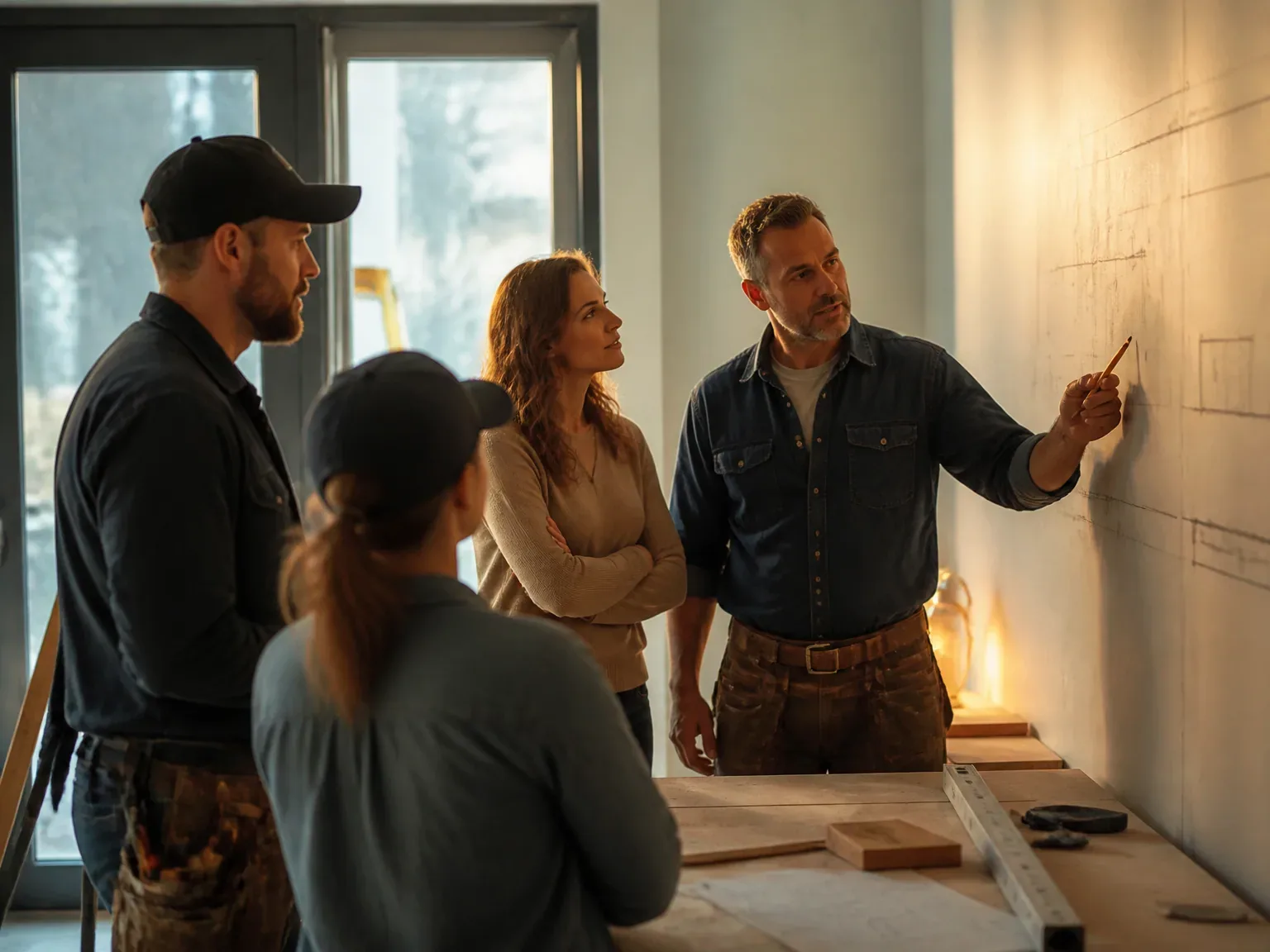 Client regardant les plans lors d'une rénovation dans un espace lumineux, équipe discutant tranquillement