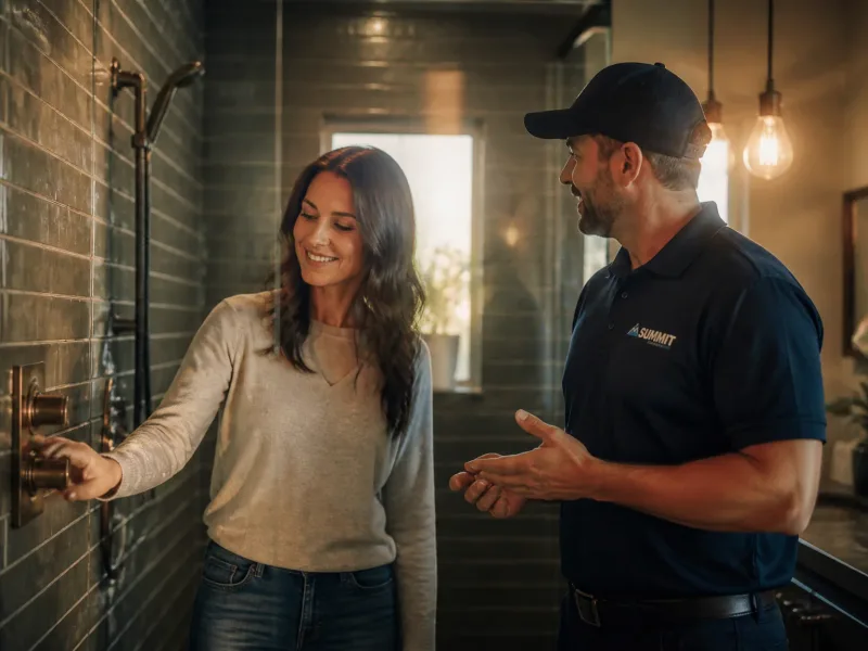 Client satisfait dans sa nouvelle salle de bains, accompagnement professionnel